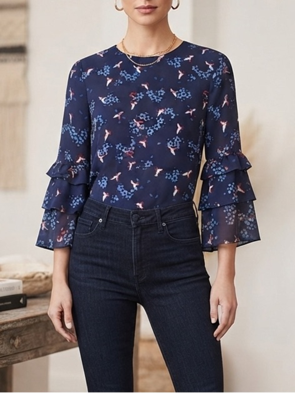 Primark Navy Blue Floral Bird Print Ruffle Bell Sleeve Blouse Size 4 / US 4